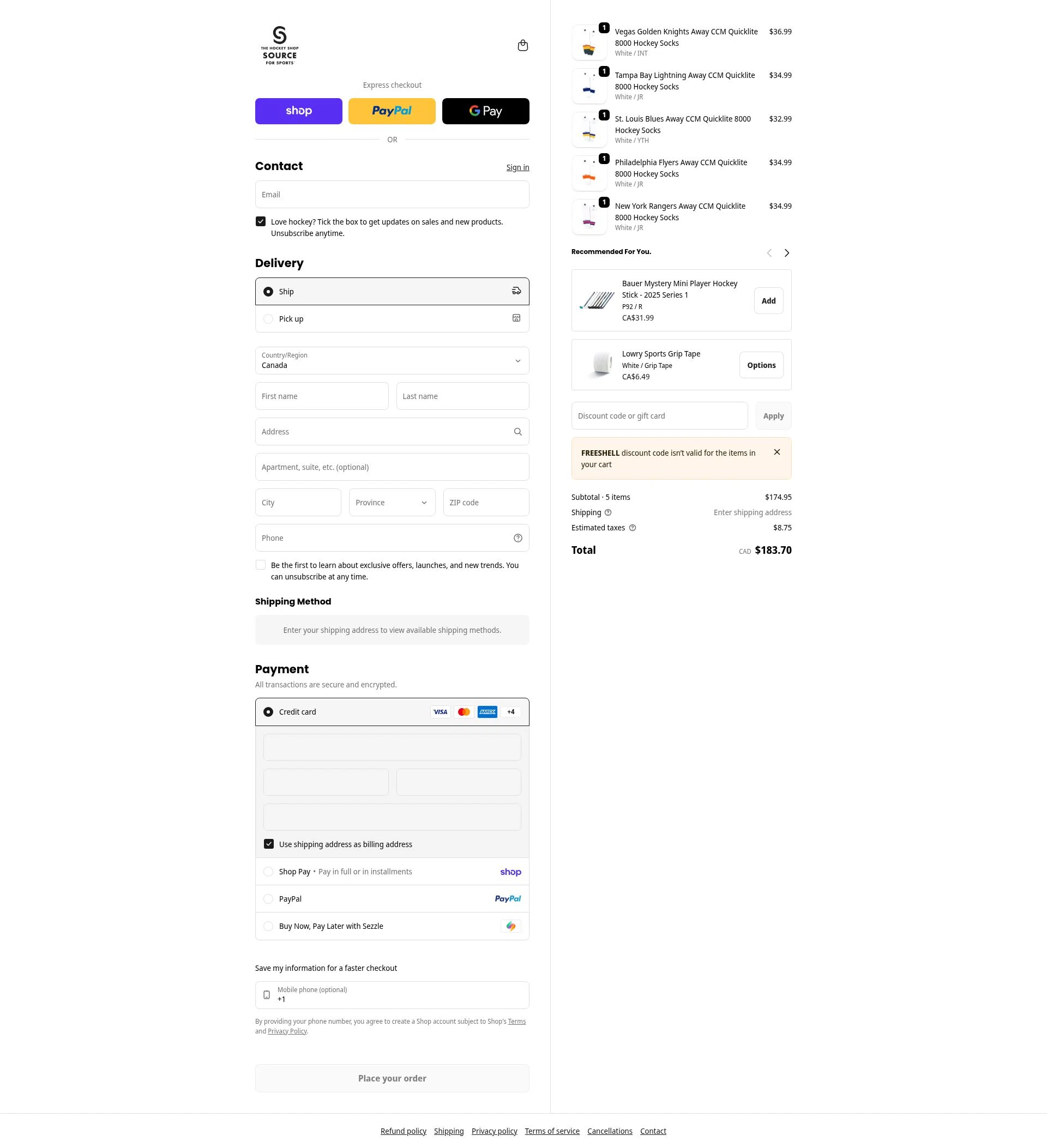 The Hockey Shop checkout page showing The Hockey Shop promo code box | Screenshot taken by SimplyCodes community member on Feb 7, 2026
