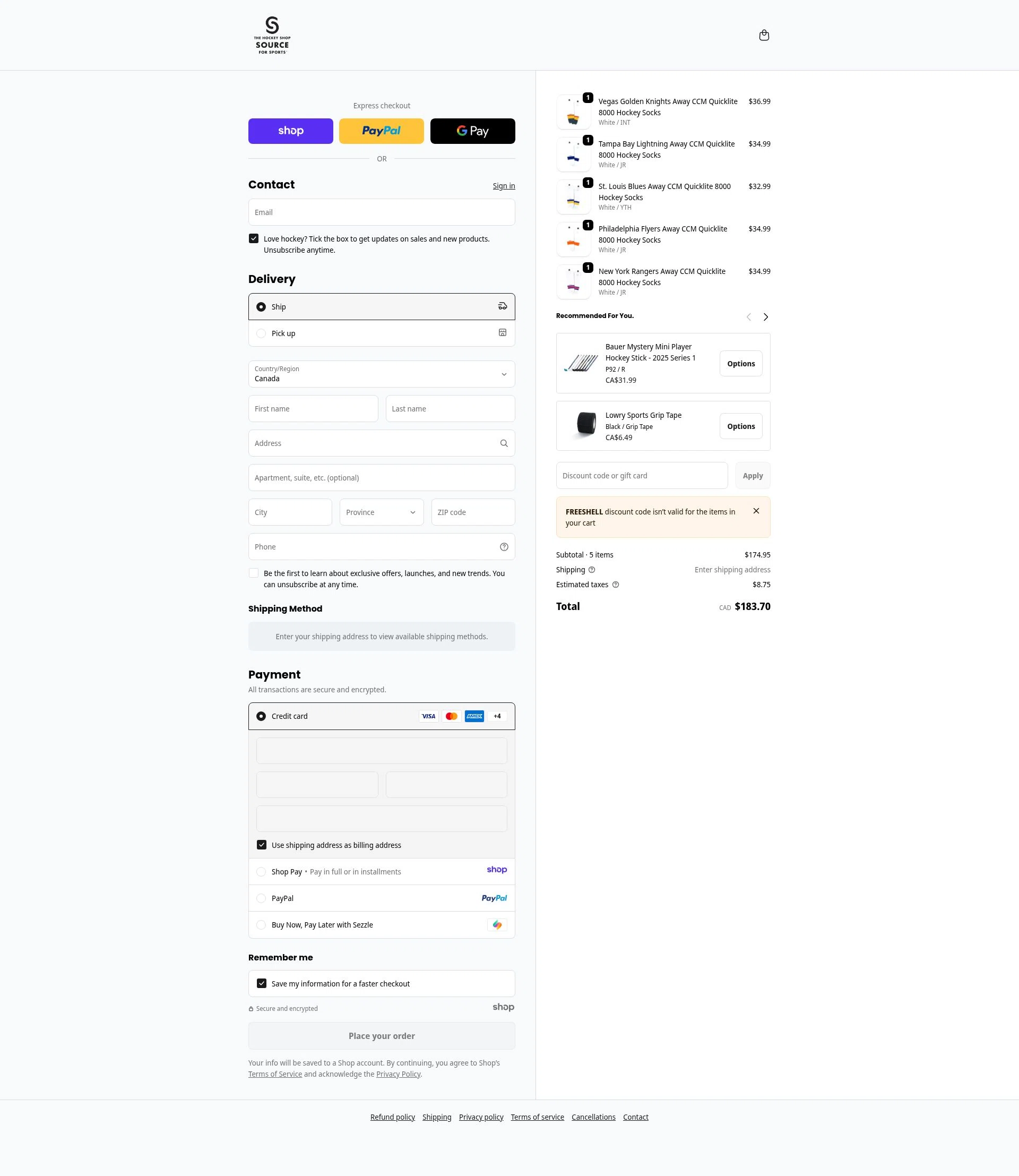 The Hockey Shop checkout page showing The Hockey Shop promo code box | Screenshot taken by SimplyCodes community member on Jan 15, 2026