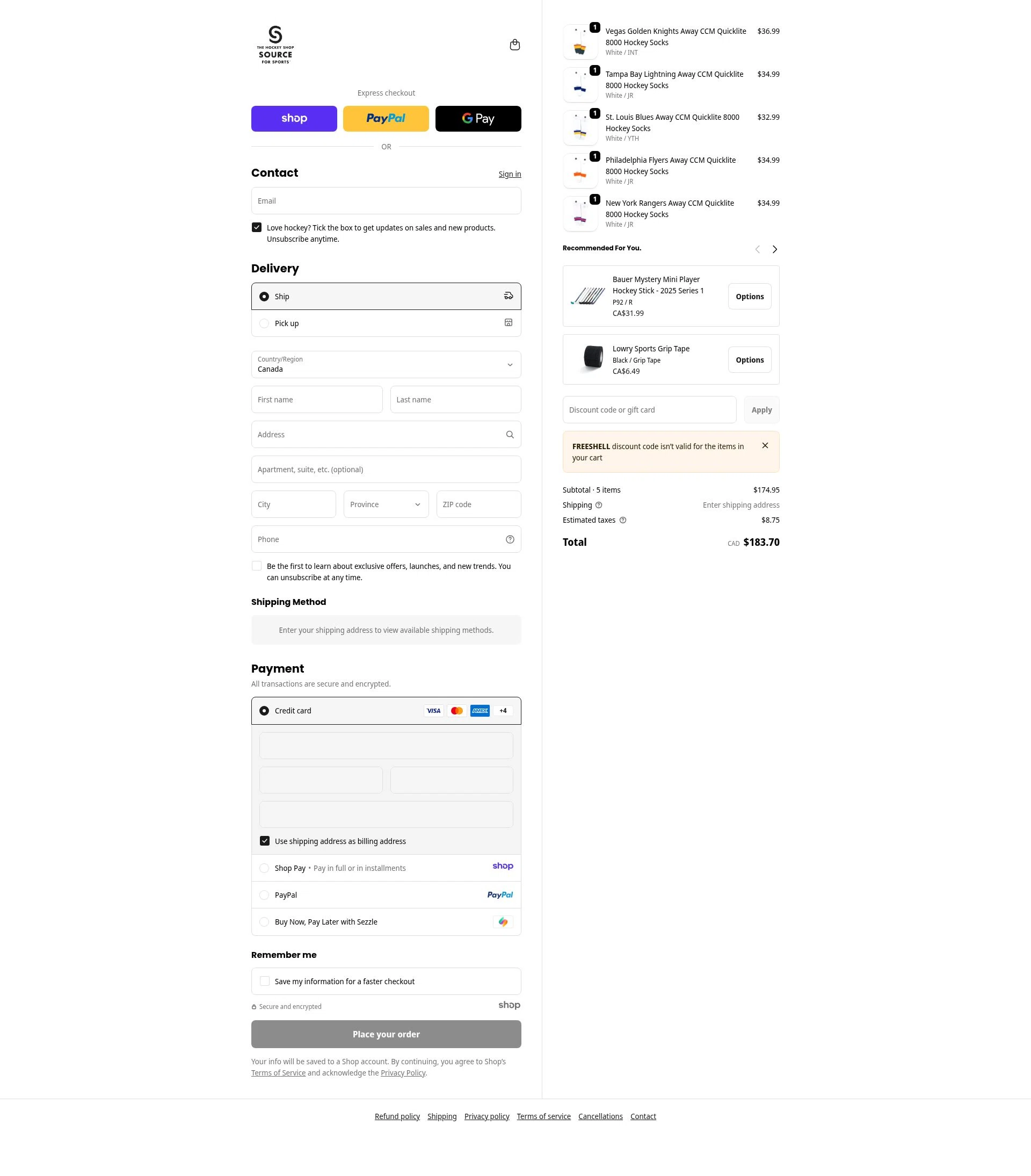 The Hockey Shop checkout page showing The Hockey Shop promo code box | Screenshot taken by SimplyCodes community member on Jan 20, 2026