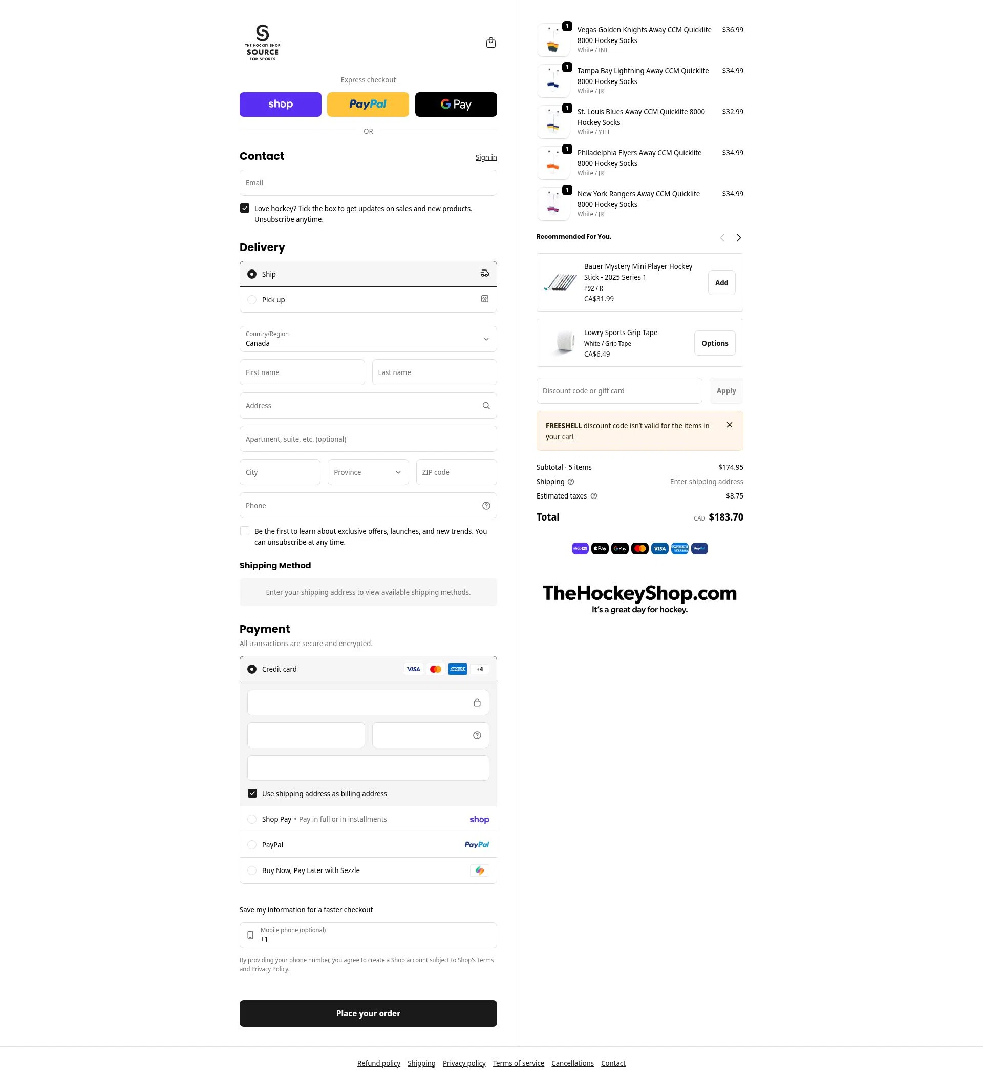 The Hockey Shop checkout page showing The Hockey Shop promo code box | Screenshot taken by SimplyCodes community member on Feb 3, 2026