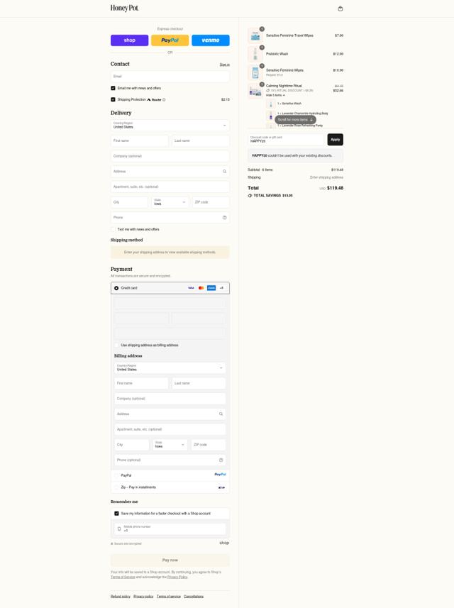 The Honey Pot checkout page showing The Honey Pot promo code box | Screenshot taken by SimplyCodes community member on Sep 16, 2025