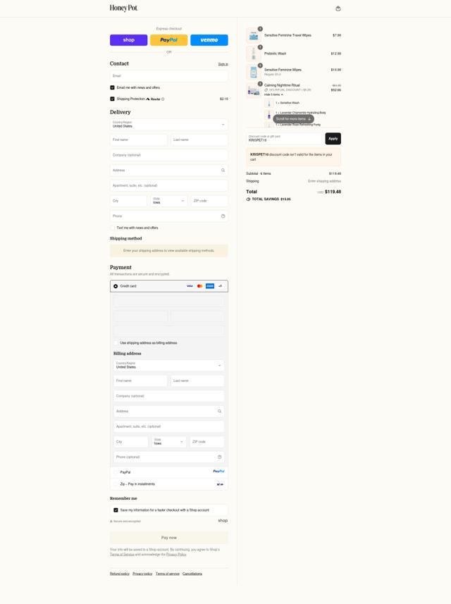 The Honey Pot checkout page showing The Honey Pot promo code box | Screenshot taken by SimplyCodes community member on Sep 16, 2025