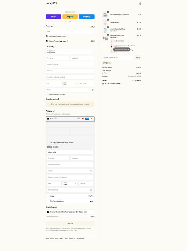 The Honey Pot checkout page showing The Honey Pot promo code box | Screenshot taken by SimplyCodes community member on Sep 16, 2025