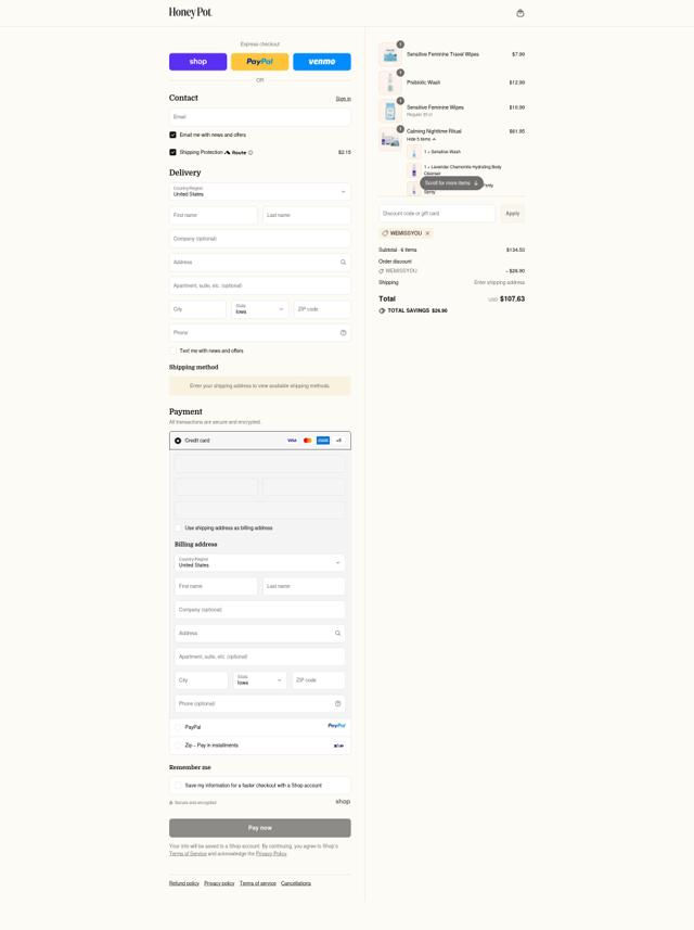 The Honey Pot checkout page showing The Honey Pot promo code box | Screenshot taken by SimplyCodes community member on Sep 16, 2025