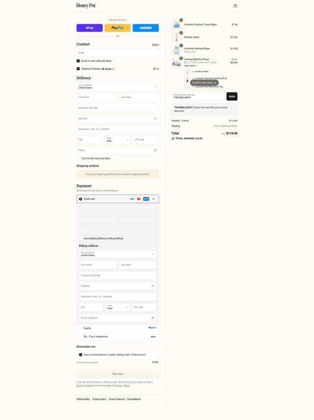 The Honey Pot checkout page showing The Honey Pot promo code box | Screenshot taken by SimplyCodes community member on Sep 16, 2025
