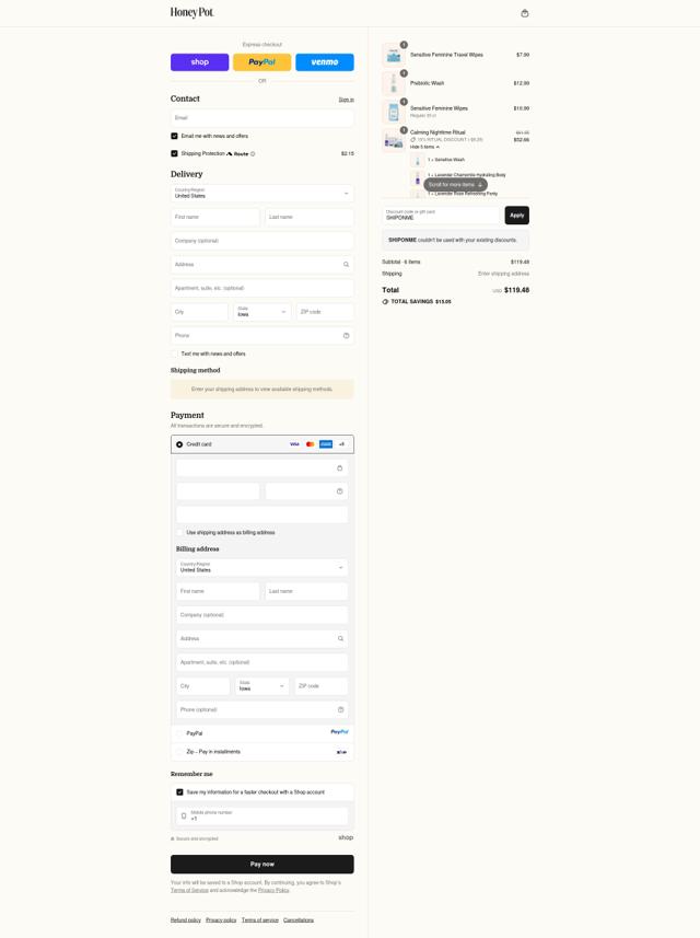 The Honey Pot checkout page showing The Honey Pot promo code box | Screenshot taken by SimplyCodes community member on Sep 16, 2025