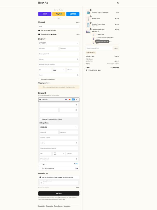 The Honey Pot checkout page showing The Honey Pot promo code box | Screenshot taken by SimplyCodes community member on Sep 16, 2025