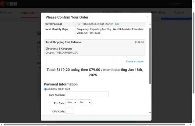 The HOTH checkout page showing The HOTH promo code box | Screenshot taken by SimplyCodes community member on May 18, 2025