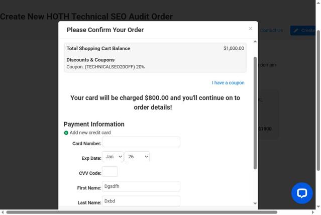 The HOTH checkout page showing The HOTH promo code box | Screenshot taken by SimplyCodes community member on Sep 9, 2025