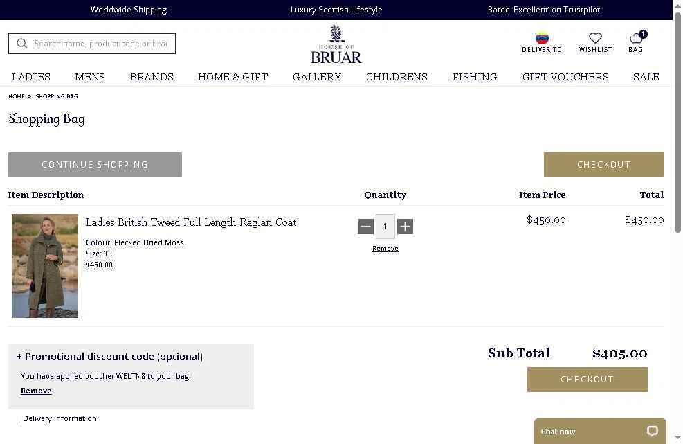 The House of Bruar checkout page showing The House of Bruar discount code box | Screenshot taken by SimplyCodes community member on Oct 13, 2025