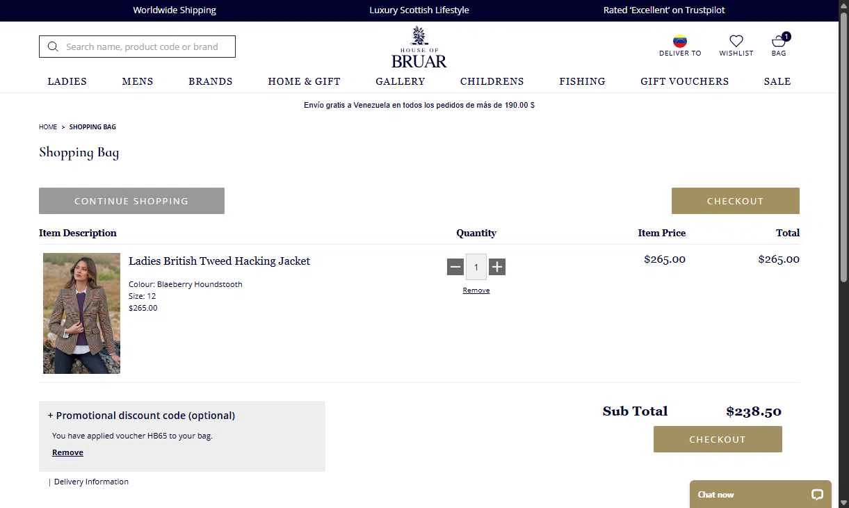 The House of Bruar checkout page showing The House of Bruar discount code box | Screenshot taken by SimplyCodes community member on Nov 13, 2025