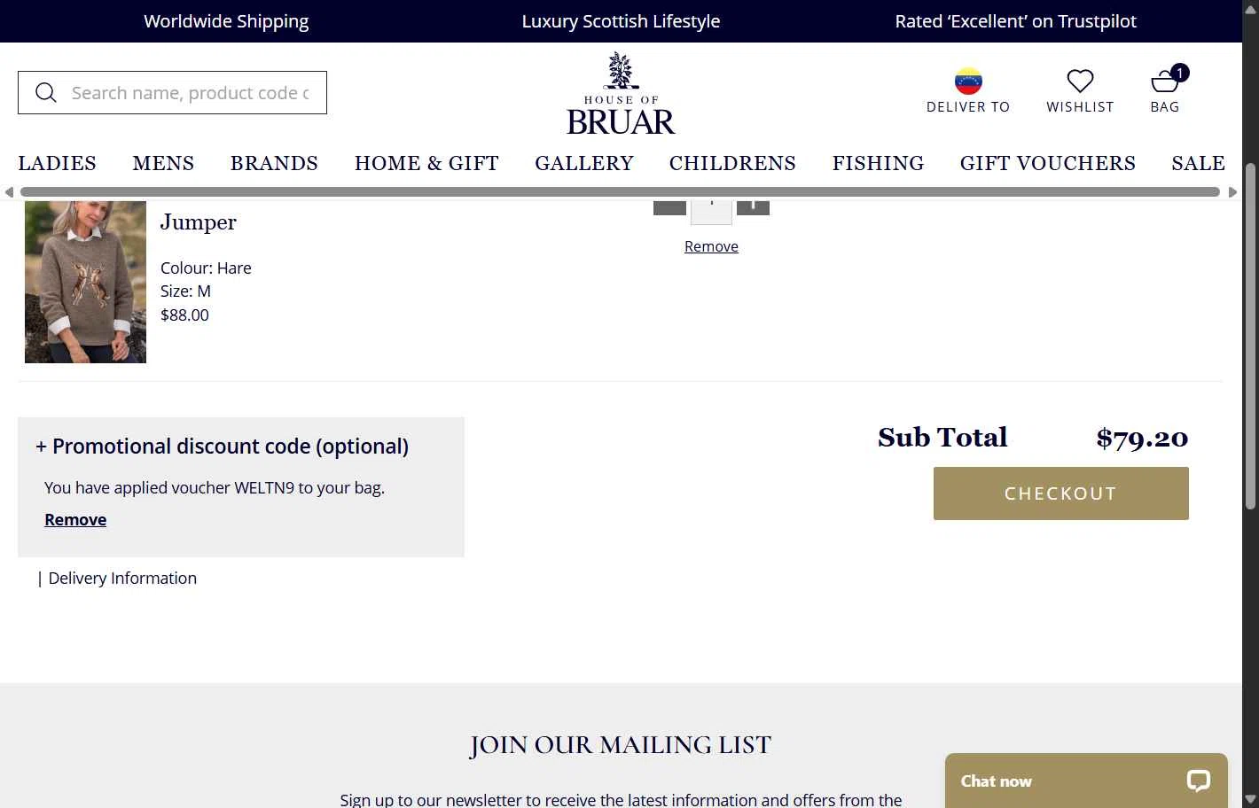 The House of Bruar checkout page showing The House of Bruar discount code box | Screenshot taken by SimplyCodes community member on Nov 18, 2025
