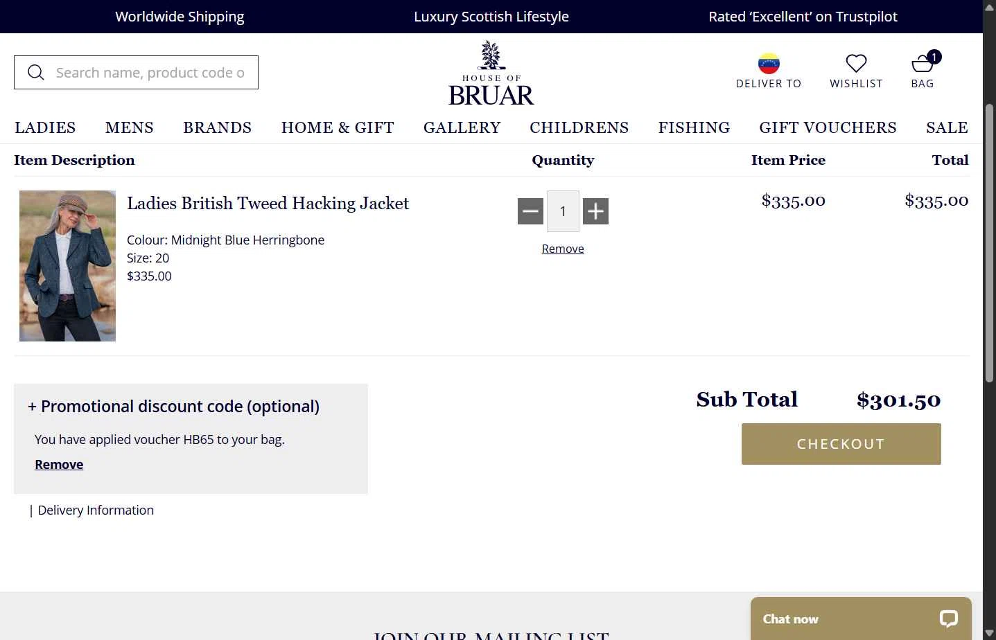 The House of Bruar checkout page showing The House of Bruar discount code box | Screenshot taken by SimplyCodes community member on Nov 17, 2025