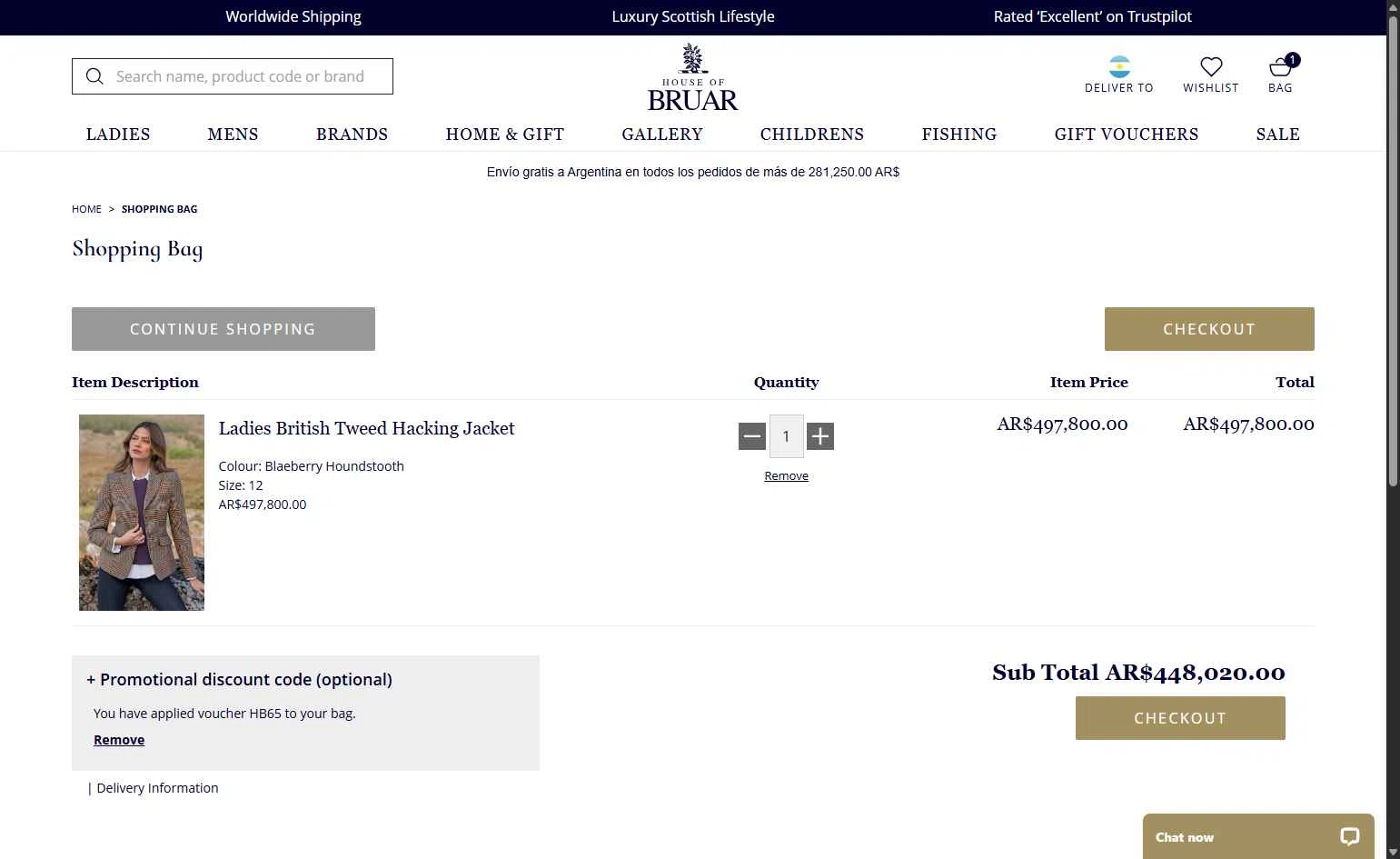The House of Bruar checkout page showing The House of Bruar discount code box | Screenshot taken by SimplyCodes community member on Oct 18, 2025