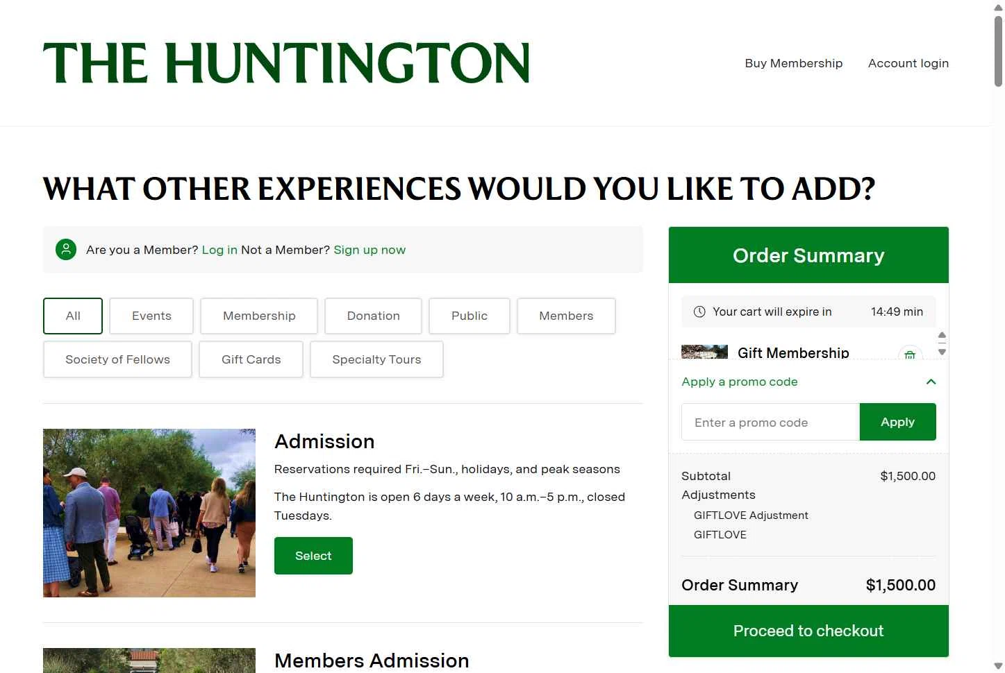 The Huntington checkout page showing The Huntington promo code box | Screenshot taken by SimplyCodes community member on Feb 7, 2026