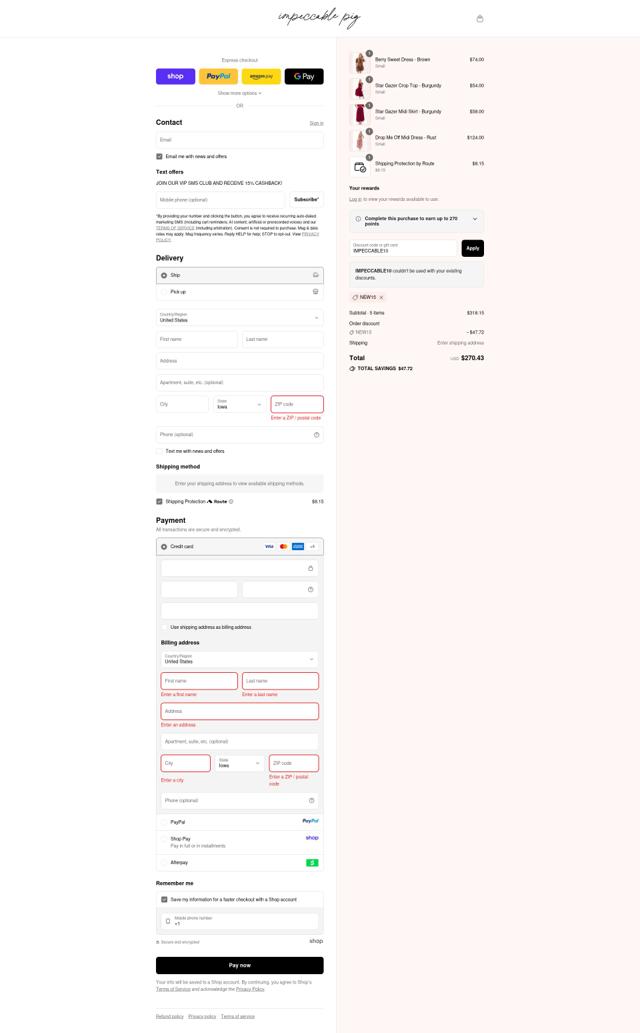 The Impeccable Pig checkout page showing The Impeccable Pig promo code box | Screenshot taken by SimplyCodes community member on Sep 10, 2025