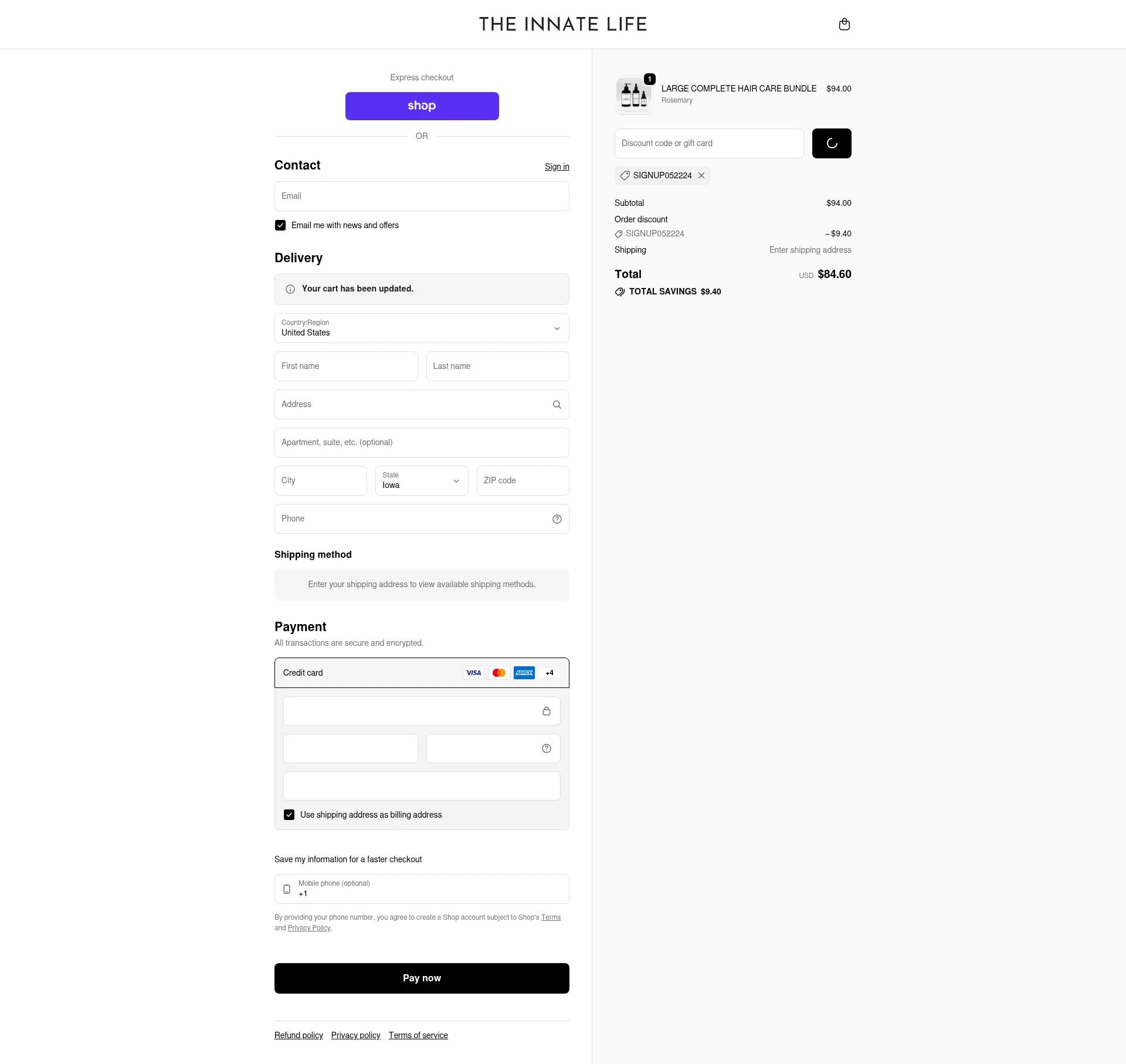 The Innate Life checkout page showing The Innate Life discount code box | Screenshot taken by SimplyCodes community member on Feb 13, 2026