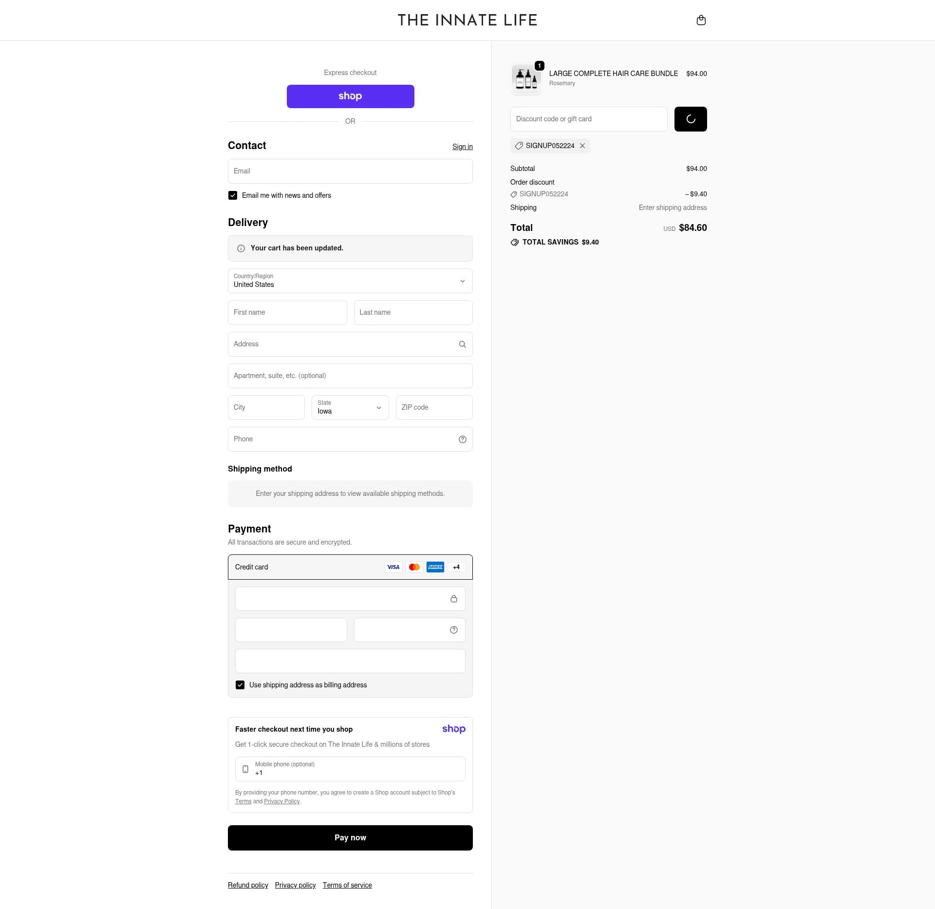 The Innate Life checkout page showing The Innate Life discount code box | Screenshot taken by SimplyCodes community member on Jan 12, 2026