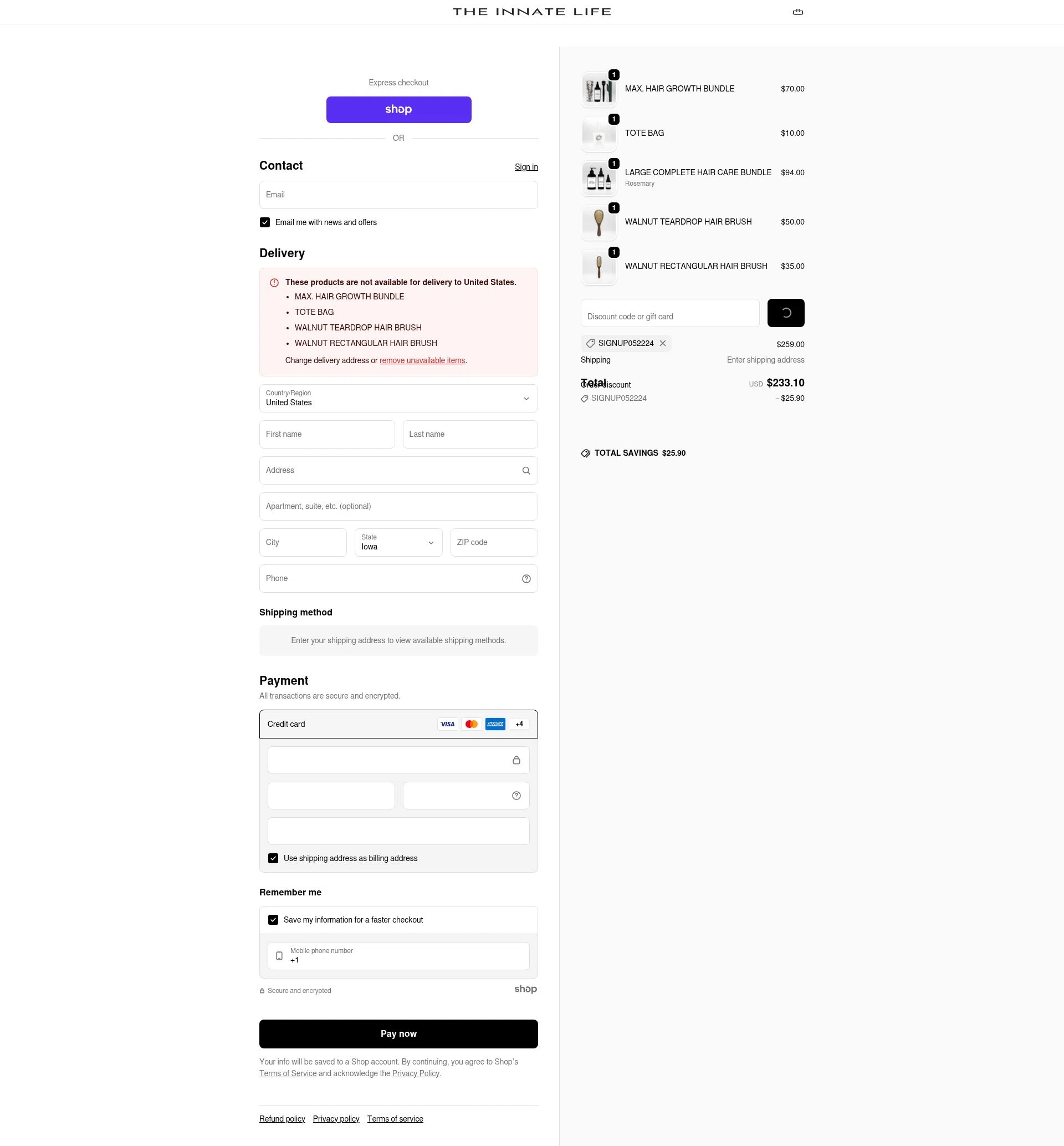 The Innate Life checkout page showing The Innate Life discount code box | Screenshot taken by SimplyCodes community member on Jan 22, 2026