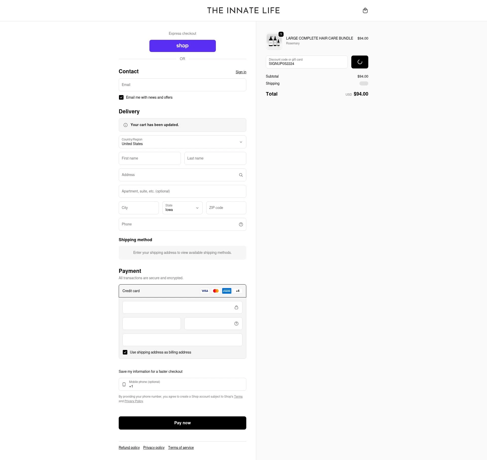 The Innate Life checkout page showing The Innate Life discount code box | Screenshot taken by SimplyCodes community member on Feb 5, 2026