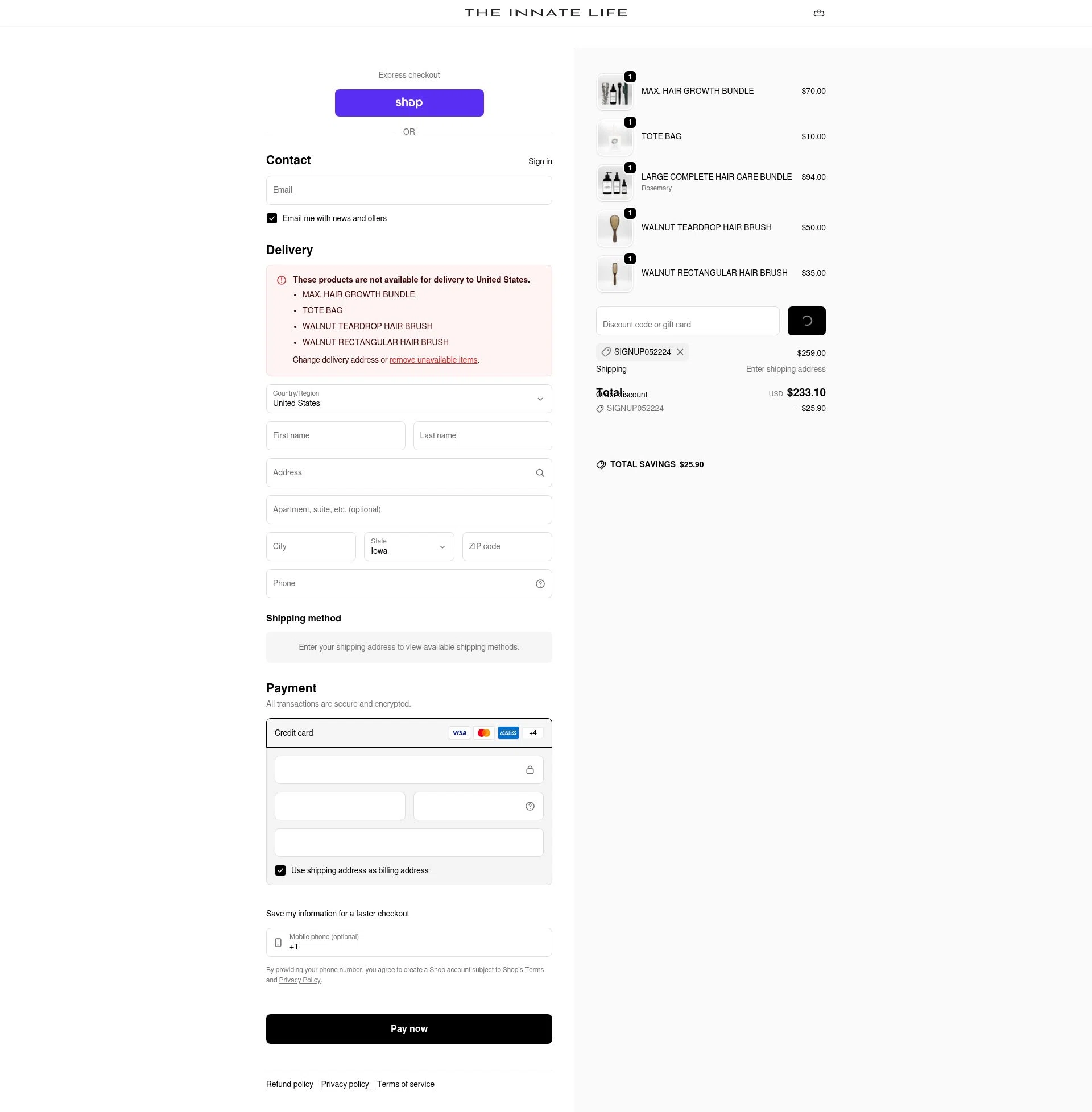 The Innate Life checkout page showing The Innate Life discount code box | Screenshot taken by SimplyCodes community member on Feb 17, 2026