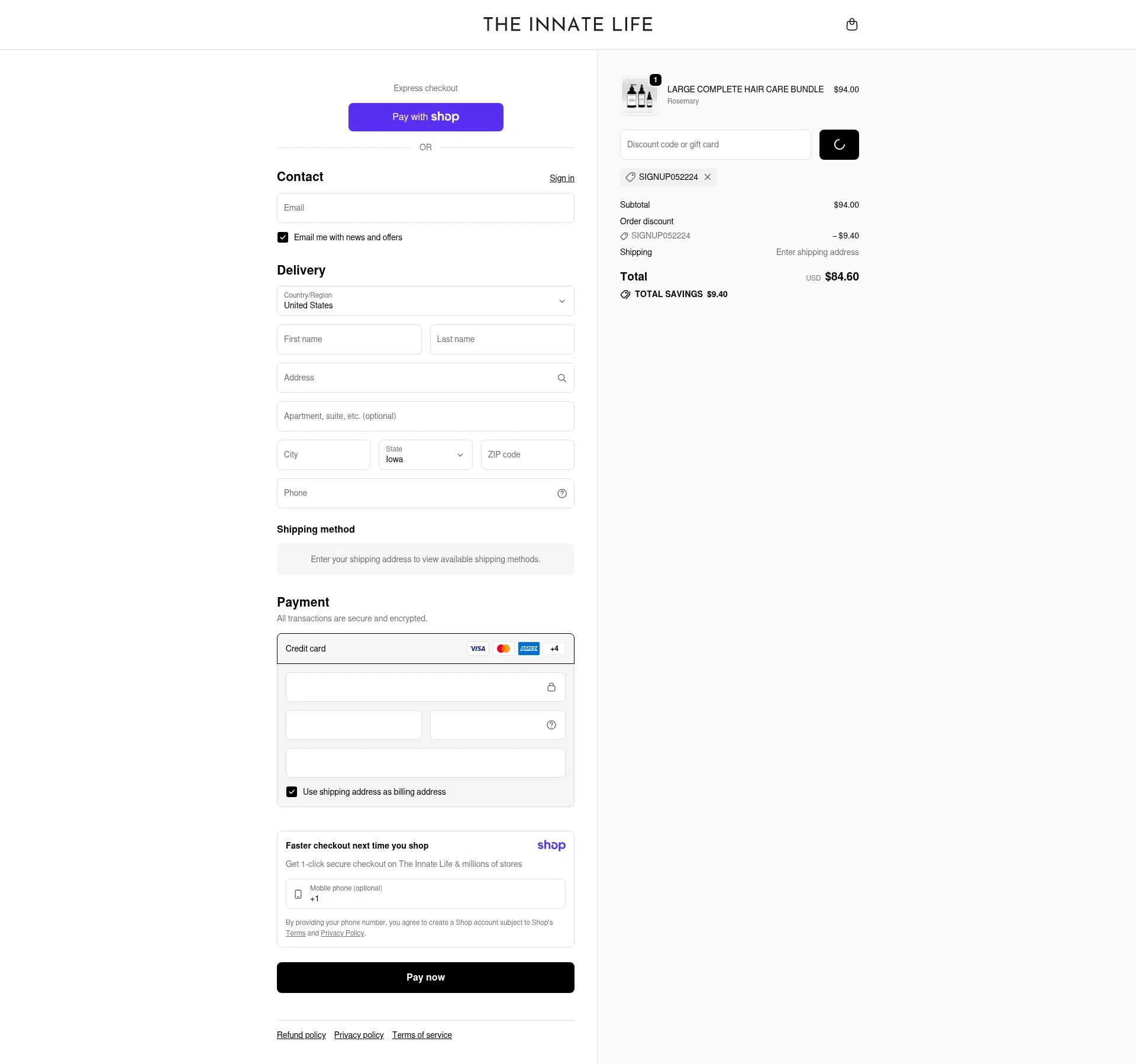The Innate Life checkout page showing The Innate Life discount code box | Screenshot taken by SimplyCodes community member on Jan 7, 2026