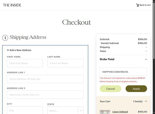 The Inside checkout page showing The Inside promo code box | Screenshot taken by SimplyCodes community member on Aug 5, 2025
