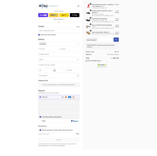 TheInsoleStore.com checkout page showing TheInsoleStore.com coupon code box | Screenshot taken by SimplyCodes community member on Aug 10, 2025