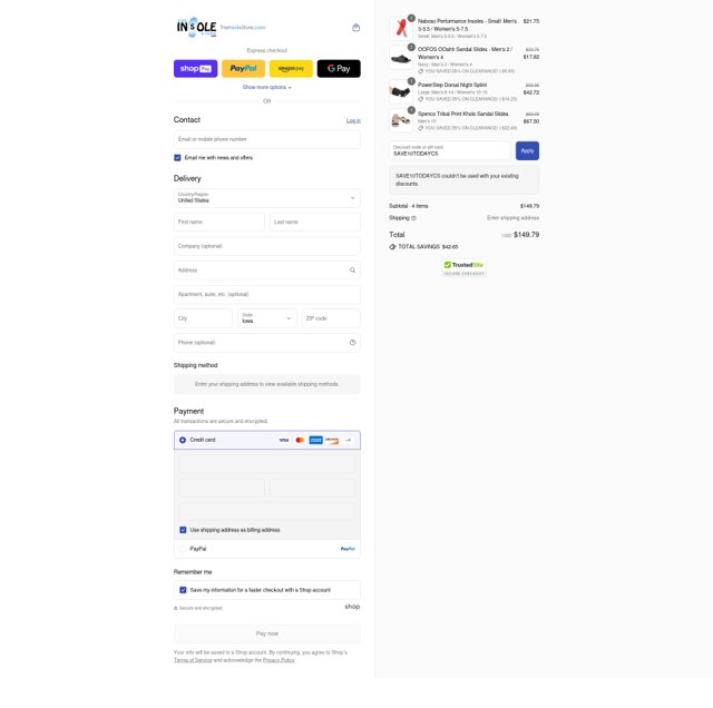 TheInsoleStore.com checkout page showing TheInsoleStore.com coupon code box | Screenshot taken by SimplyCodes community member on Aug 18, 2025