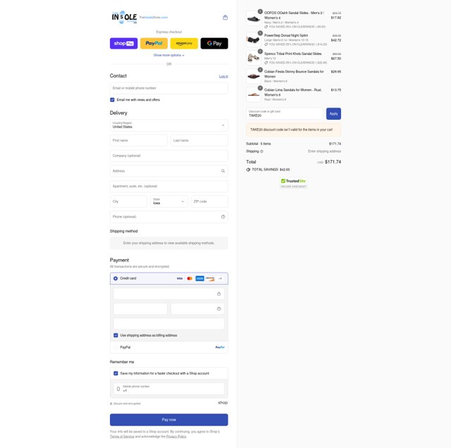 TheInsoleStore.com checkout page showing TheInsoleStore.com coupon code box | Screenshot taken by SimplyCodes community member on Aug 23, 2025