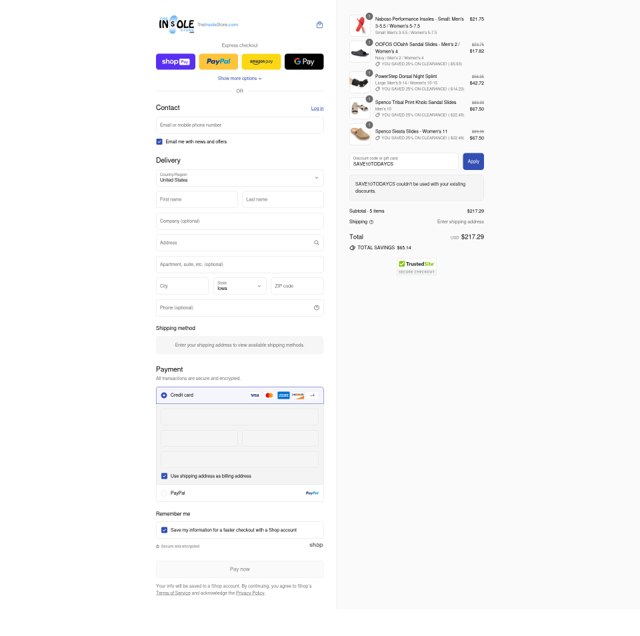 TheInsoleStore.com checkout page showing TheInsoleStore.com coupon code box | Screenshot taken by SimplyCodes community member on Aug 14, 2025