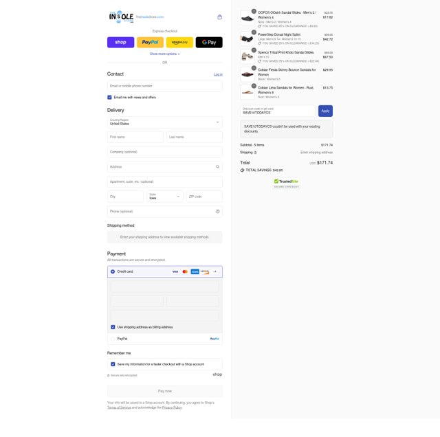 TheInsoleStore.com checkout page showing TheInsoleStore.com coupon code box | Screenshot taken by SimplyCodes community member on Sep 5, 2025