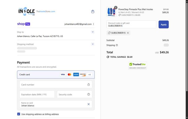 TheInsoleStore.com checkout page showing TheInsoleStore.com coupon code box | Screenshot taken by SimplyCodes community member on Aug 13, 2025