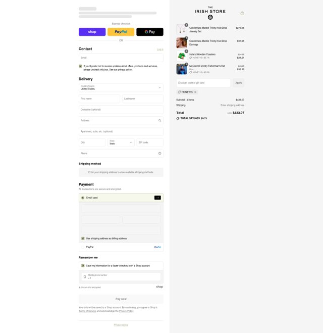 The Irish Store checkout page showing The Irish Store discount code box | Screenshot taken by SimplyCodes community member on Sep 7, 2025