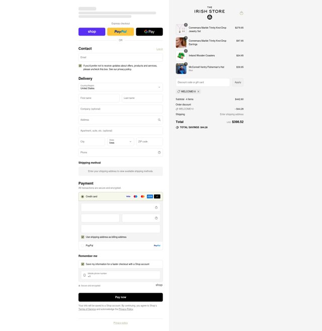 The Irish Store checkout page showing The Irish Store discount code box | Screenshot taken by SimplyCodes community member on Sep 7, 2025