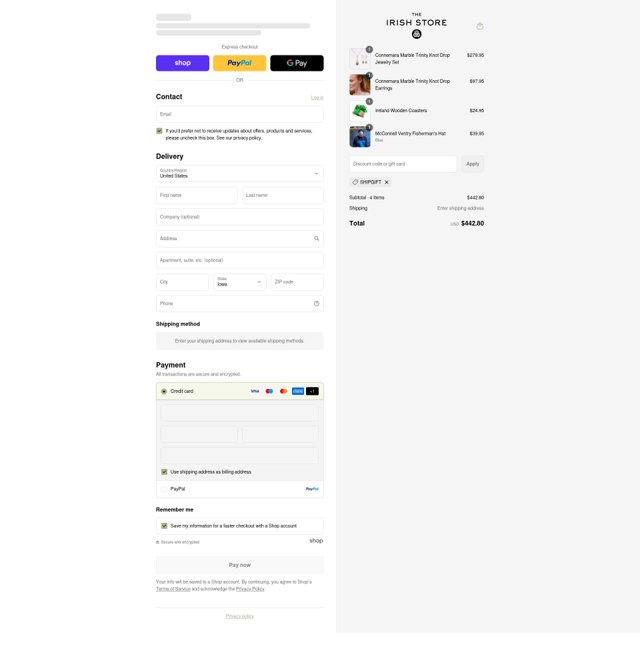 The Irish Store checkout page showing The Irish Store discount code box | Screenshot taken by SimplyCodes community member on Sep 7, 2025