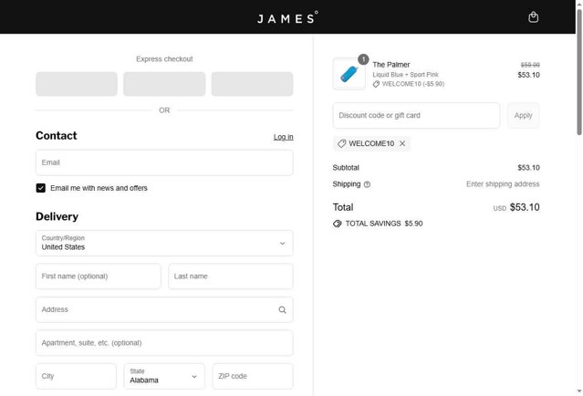 The James Brand checkout page showing The James Brand discount code box | Screenshot taken by SimplyCodes community member on Sep 3, 2025