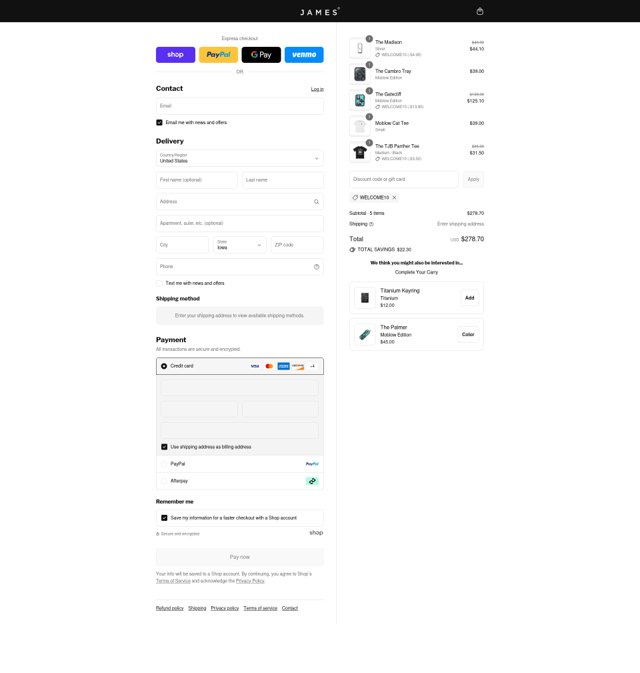 The James Brand checkout page showing The James Brand discount code box | Screenshot taken by SimplyCodes community member on Aug 30, 2025