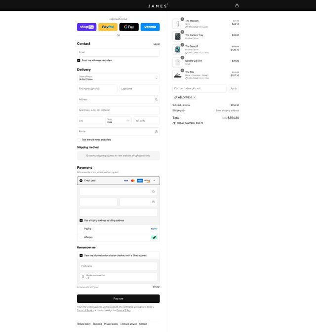 The James Brand checkout page showing The James Brand discount code box | Screenshot taken by SimplyCodes community member on Aug 16, 2025