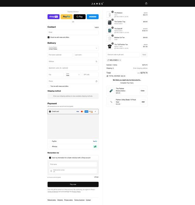 The James Brand checkout page showing The James Brand discount code box | Screenshot taken by SimplyCodes community member on Aug 25, 2025