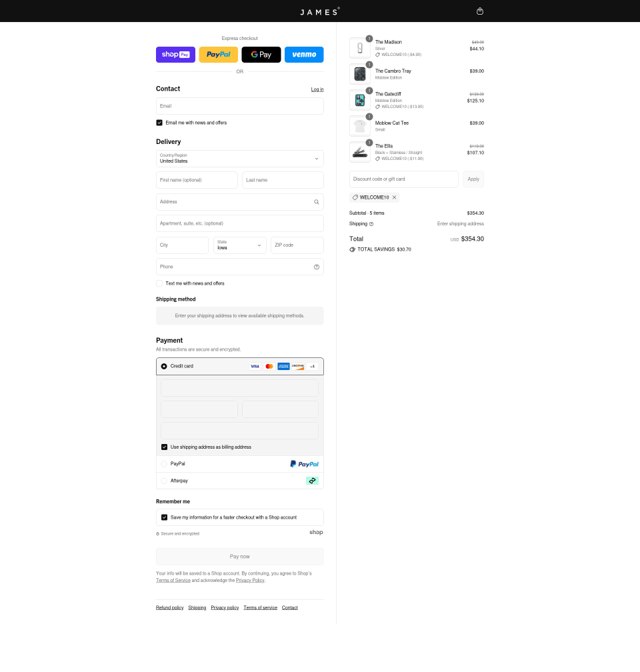 The James Brand checkout page showing The James Brand discount code box | Screenshot taken by SimplyCodes community member on Aug 12, 2025