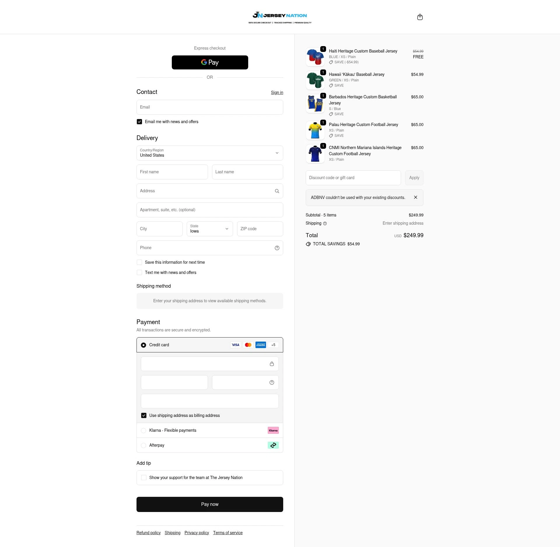 The Jersey Nation checkout page showing The Jersey Nation discount code box | Screenshot taken by SimplyCodes community member on Feb 17, 2026