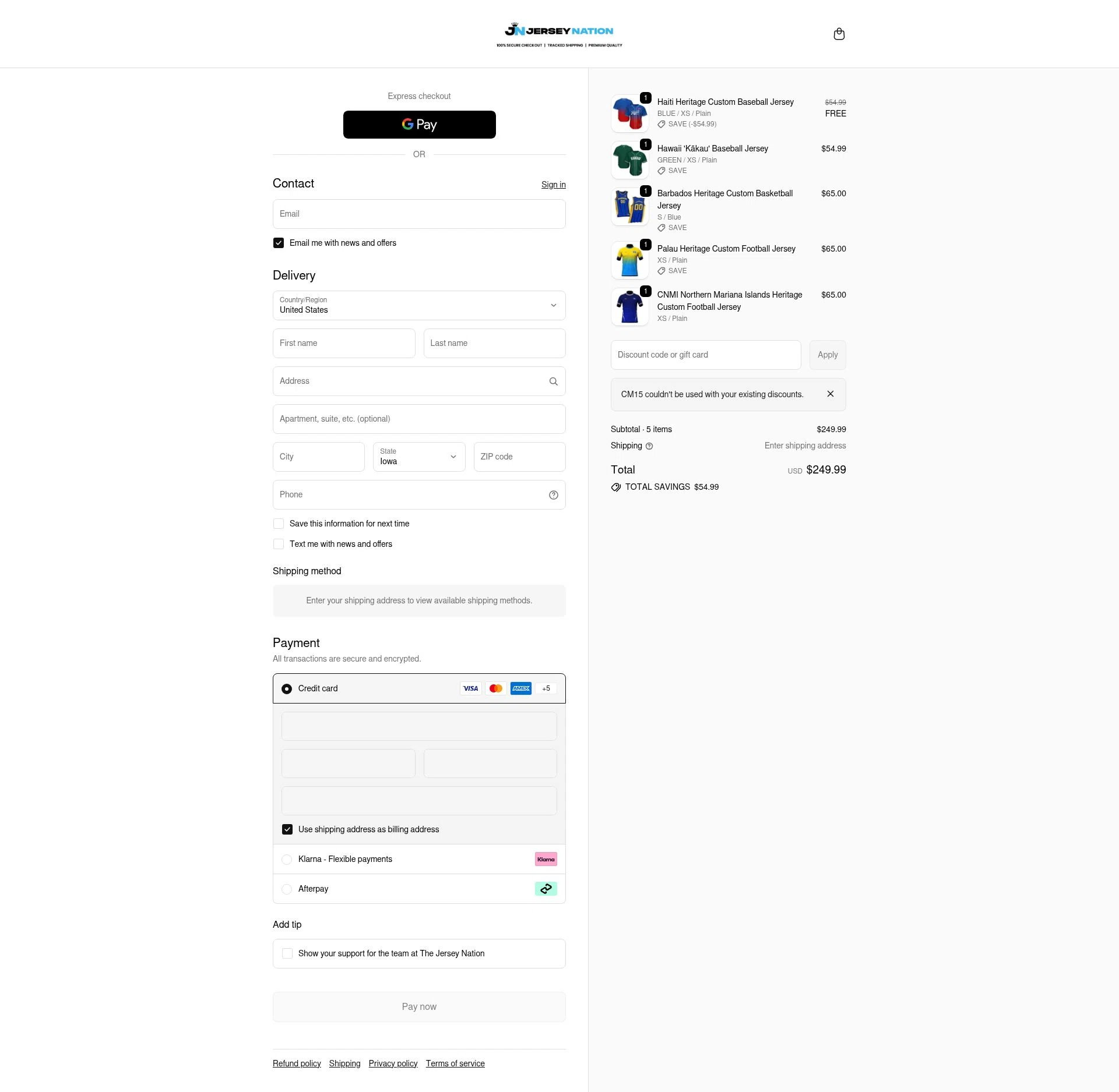 The Jersey Nation checkout page showing The Jersey Nation discount code box | Screenshot taken by SimplyCodes community member on Feb 19, 2026