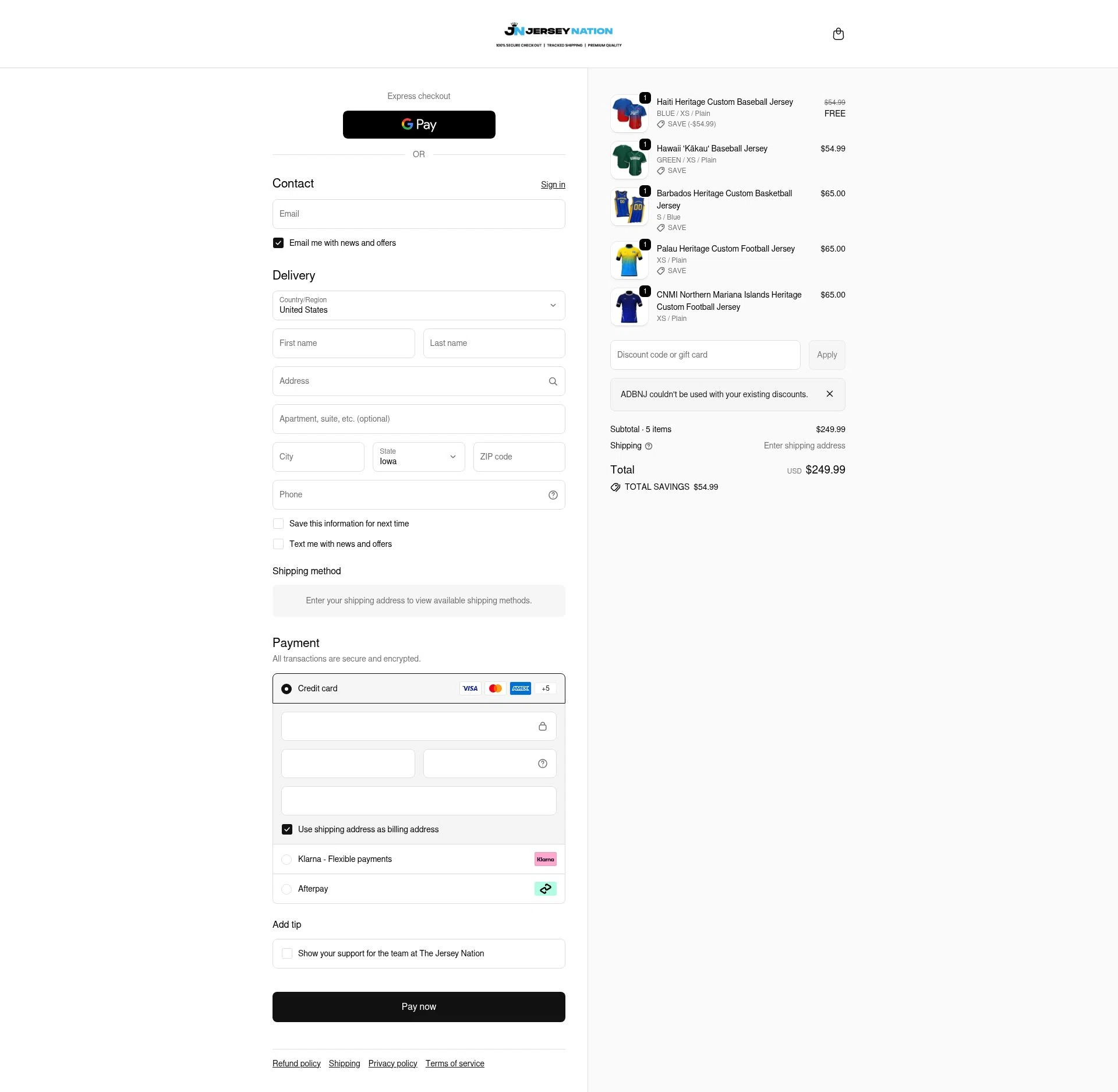 The Jersey Nation checkout page showing The Jersey Nation discount code box | Screenshot taken by SimplyCodes community member on Feb 17, 2026