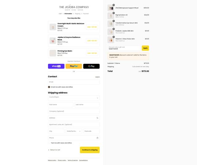 The Jojoba Company checkout page showing The Jojoba Company discount code box | Screenshot taken by SimplyCodes community member on Aug 27, 2025