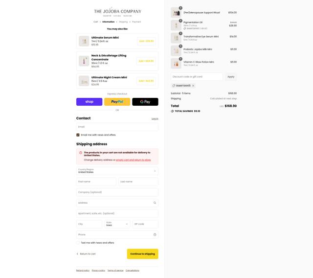 The Jojoba Company checkout page showing The Jojoba Company discount code box | Screenshot taken by SimplyCodes community member on Sep 5, 2025
