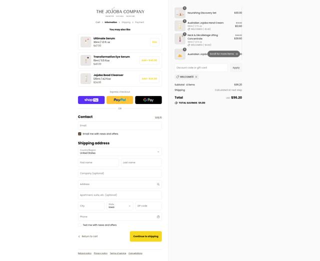The Jojoba Company checkout page showing The Jojoba Company discount code box | Screenshot taken by SimplyCodes community member on Aug 6, 2025