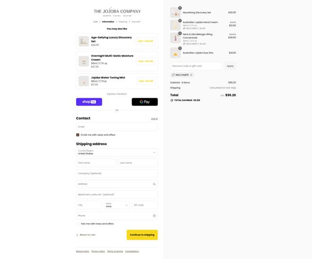 The Jojoba Company checkout page showing The Jojoba Company discount code box | Screenshot taken by SimplyCodes community member on Aug 8, 2025