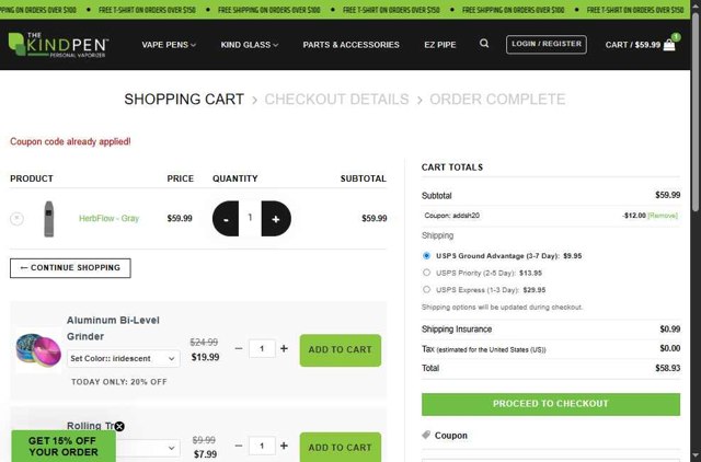The Kind Pen checkout page showing The Kind Pen coupon code box | Screenshot taken by SimplyCodes community member on Aug 16, 2025