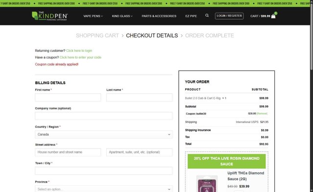 The Kind Pen checkout page showing The Kind Pen coupon code box | Screenshot taken by SimplyCodes community member on Aug 12, 2025